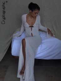 Cryptografische zomer strandvakantie gebreide maxi-jurk outfits voor dames party club lange mouwen doorzichtige jurken uitgehold 231225