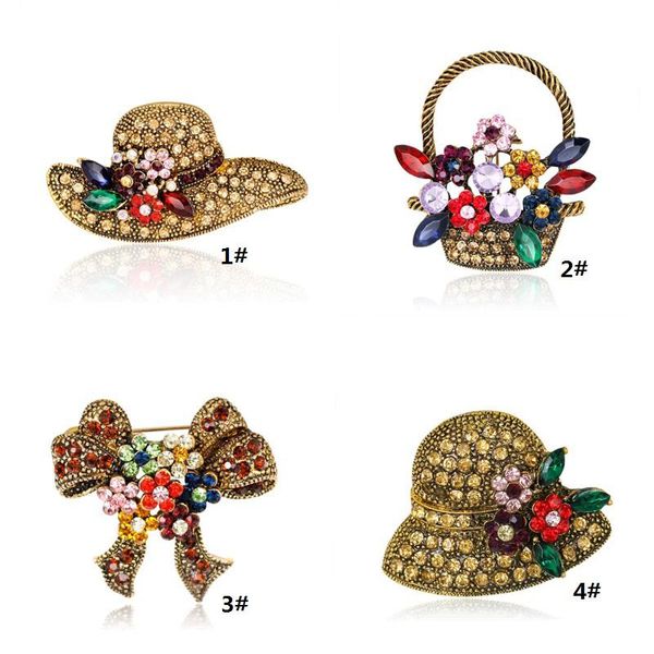 Crysal Chapeau Broche Pins Vente Chaude Personnalité Arc Fleur Panier Booch Pin pour la Fête De Mode Bijoux En Argent En Gros Livraison Gratuite