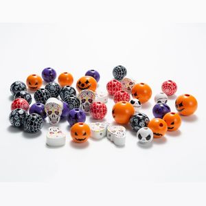 Cristal 100 pièces/paquet + 10m corde de chanvre Halloween Bracelet bijoux perles en bois bricolage faisant des fournitures crâne sorcière Grimace toile d'araignée