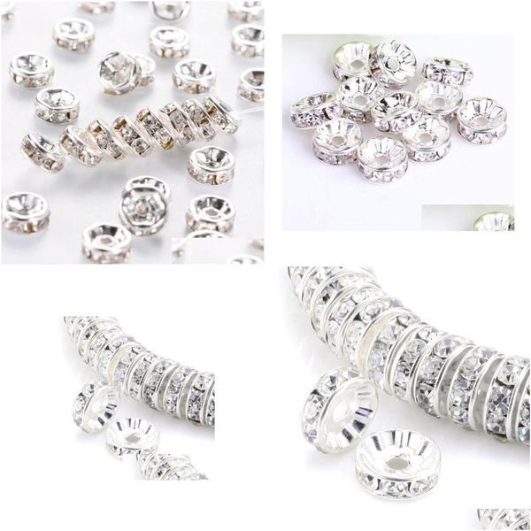 Cristal 200 pièces/lot plaqué argent strass cristal blanc perles rondes entretoises 6 mm 8 mm 10 mm 12 mm fabrication de bijoux en vrac bricolage livraison directe Dhmso