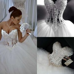 Crystal 2020 Pearls Robes Ballgown perle personnalisée MADE Sweetheart Coltweline Sweep Train Tulle Princess Wedding Robe de Mariee