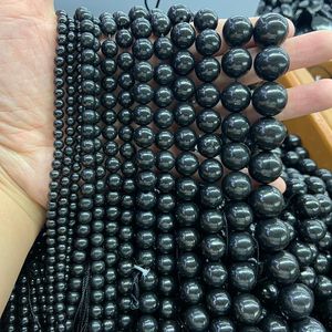 Crystal 416mm Natural Russie Shungite Stone 15 '' Rond DIY Guérison des perles en vrac pour les bijoux Faire des femmes Bracelet Perles Bracelet Collier