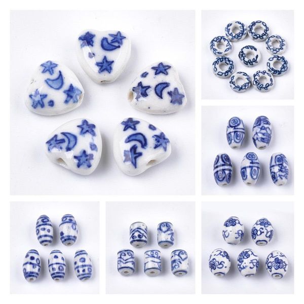 Perles en porcelaine bleues et blanches, 50 pièces, en forme de cœur, rondes, ovales, en céramique, faites à la main, pour la fabrication de bracelets et de colliers, bijoux