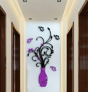 Crystal Acryl 3D Flower Vaas Wandstickers Mirror Glass Wallpaper Art Mural Decals Purple Red Red Diy Crafts Home Room Decoratie9296620