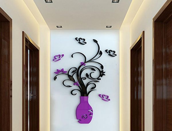 Crystal Acrylique 3D Vase Vase Stickers Miroir Miroir Verre Papin d'écran Papin Mural décalcomanies Purple Red DIY Artisanat Home Room Decoration1227302