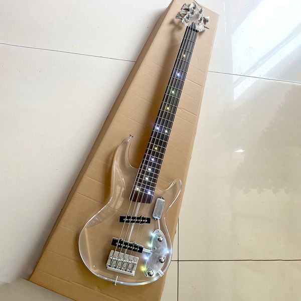 Corps en acrylique cristal, guitare basse électrique à 5 cordes, Pickups actifs avec lumières LED clignotantes, guitare basse professionnelle