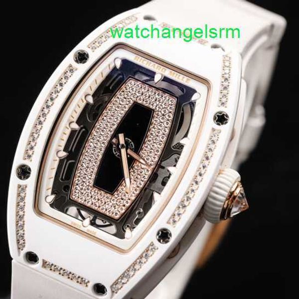 Reloj de pulsera automático de cristal Reloj de pulsera RM Serie para mujer Rm07-01 Labio negro Oro rosa de 18 quilates Diamante de nieve Reloj mecánico automático de cerámica blanca para mujer