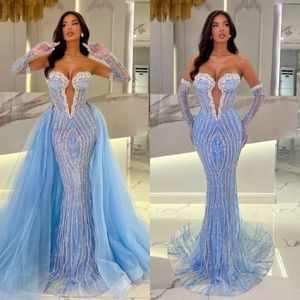 Crystal Baby Blue Mermaid Evening Elegant met afneembare trein Illusie Sweetheart Kralen prom jurk formele jurken voor vrouwen Es