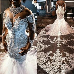 Robes de mariée sirène africaines en perles de cristal avec illusion à manches longues 2020 Sheer High Neck Cathedral Train Princess Wedding Gow243k