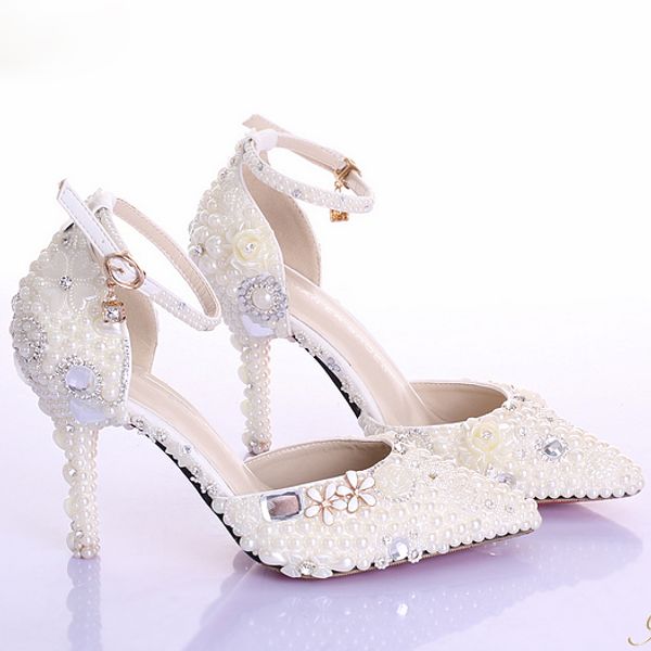 Cristal Perlé Chaussures De Mariée Perle Couleur Pure Bout Pointu Talons De Mariée Marche Confortable Talon Haut Chaussure De Bal