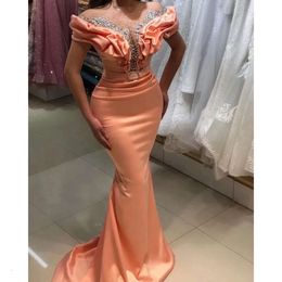 Prom Crystal Couned Off Ruched Elegant Mermaid Vestidos El hombro Long Satin Formal OCN Vestido para mujeres 2024 Imperio Winist Fit Sexy Night Gowns