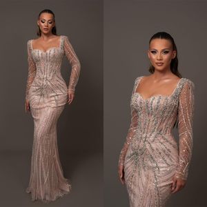 Vestidos de Noche románticos de sirena con cuentas de cristal, vestido Formal de manga larga con lentejuelas para fiesta de pera y fiesta especial para Ocn