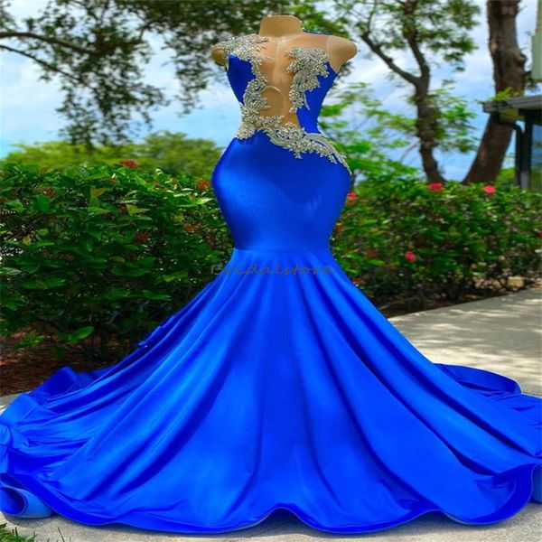 Vestidos de baile de baile azul real de cristal con cuentas para chicas negras se ve a través del vestido de noche de sirena delantera elegante cola de pescado abre