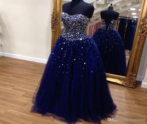 Crystal Crided Sweetheart Tulle Ball Robes Quinceanera Robes 2020 Navy Blue Corset Back Crystals Plus taille de bal Robes de soirée PL7063045