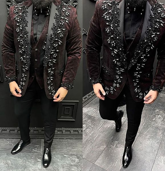 Cristal Perles Hommes Tuxedos Personnalisé Marié Porter Un Bouton De Mariage Blazer Costumes D'affaires Prom Party Veste 3 Pièces