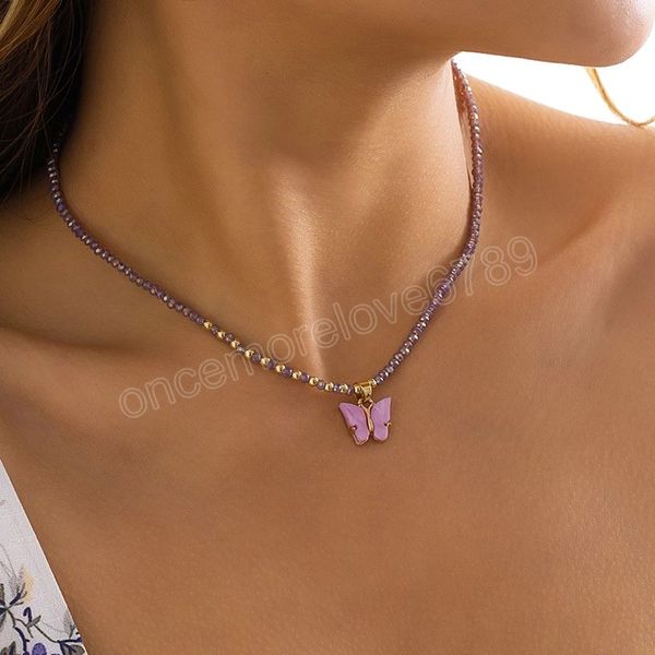 Chaîne de perles de cristal avec pendentif papillon pour femmes, style Boho, petite graine, ras du cou court, bijoux à la mode, 2022