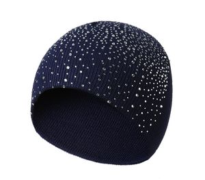 Bonnet en cristal chapeau fête hiver chaud bonnet en tricot épais doux extensible Saprkly Bling strass crâne casquettes pour femmes filles