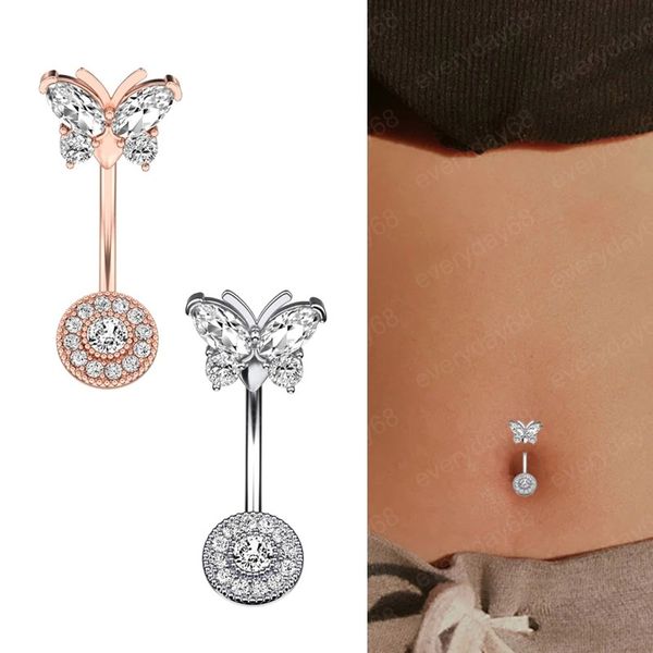 Anneau de nombril en cristal, papillon, Piercing d'oreille en acier, longue fleur pendante, anneaux de nombril, bijoux de corps Sexy