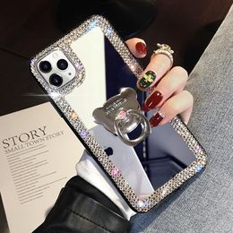 Crystal Bling Glitter Mirror Diamond Cases Maquillaje Plating Bear Ring Stand Cover para iPhone 13 12 11 Pro MAX 8 Samsung S20 FE S21 Ultra A12 A32 4G 5G A52