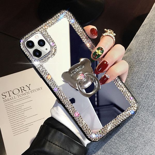 Cristal Bling Glitter Miroir Diamant Cas Maquillage Placage Ours Anneau Couverture De Support Pour iPhone 13 12 11 Pro MAX 8 Samsung S20 FE S21 Ultra A12 A32 4G 5G A52