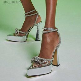 Crystal Bow Satin Clear Sandals Platform PVC Jurk Regestone puntige teen vierkante hakhak riem riem bling roman sexy vrouw schoenen t230828 977