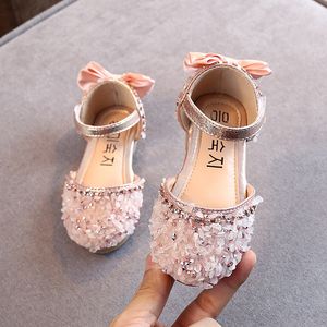 Crystal Bow Single Shoes Summer Girls Fashion Princess Soft Children Pu Leather Flat Baby Rhinestones Sandals A986 220525