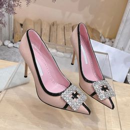 Hebilla de cristal decoración lienzo Zapatos de tacón material de algodón Mezclilla Tacones altos Punta puntiaguda Tacón de aguja sin cordones Zapatos de fiesta de noche de diseñador para mujer de lujo Con caja