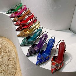 Satijnen inleg Strass Slingback Sandalen Stiletto hakken Leren zool Dames luxe ontwerper Feest Bruiloft Avond beste schoenen fabrieksschoeisel Maat 34-43