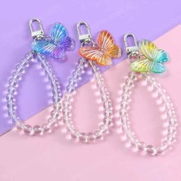 Crystal Butterfly Keychain transparante kraal lanyards sleutelhang voor bling hand polspols band touw koordhouder mobiele telefoon lanyard