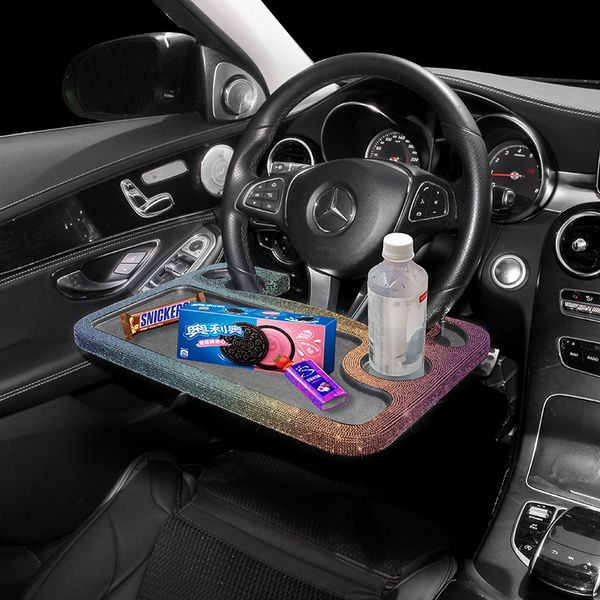 Crystal Car Food Tray Portable Car Laptop Computer Desk Soporte de montaje de diamante Volante Goods Drink Tray Bling Car Accessories Interior para mujer