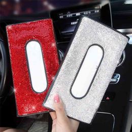 Crystal Car Tissue Box Handdoek Sets Sun Vizier Houder Auto Interieur Opslag Decoratie Accessoires 210818