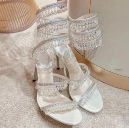 Crystal Chandelier sandales à talons hauts femmes style fée luxe diamant serpentine enveloppé talons hauts romains 10 cm sexy créateur de mode chaussures habillées de banquet 01