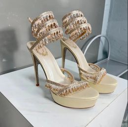 Kristallen kroonluchter Platform hakken Sandalen slangvormig kronkelend Stiletto sandalen met hoge hakken Dameskleding Schoenen strass Luxe ontwerpers Feestschoenen Met doos