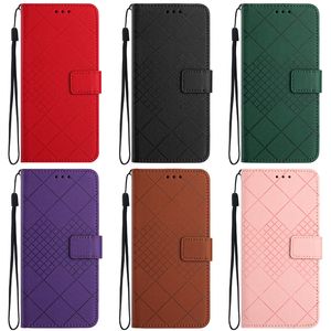 Étuis portefeuille en cuir PU à carreaux carrés pour iPhone 15 Plus 14 13 Pro Max 12 11 Fashion Cube Lines Credit ID Card Slot Holder Book Kickstand Phone Flip Cover Pouch Strap