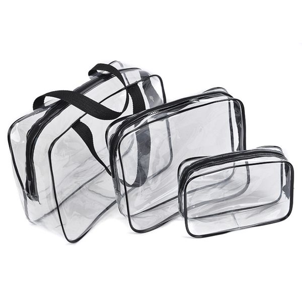 Sac à cosmétiques imperméable transparent, trousse de toilette de voyage avec fermeture éclair, pochette de maquillage en PVC, sangles de poignée pour femmes et hommes, étui de rangement en gros