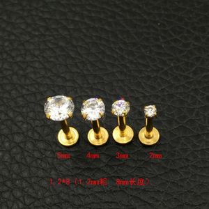 Crystal CZ Gem Lip Stud Gold Labret Tragus Oorringen 316L Roestvrij staal Zirkoon Lip Nail Medical Steel Nails Round 2mm 3 mm 4mm285o