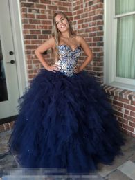 Crystal Dark Navy Baljurk Quinceanera Jurken Sweet Heart Major Beading Cascading Ruffles Formele Avond Party Jurken voor Sweet 15