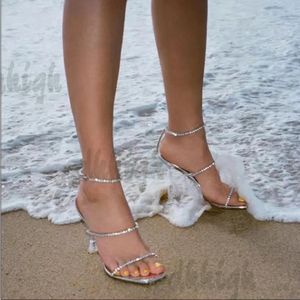 Kristal versierde transparante muilezelpantoffels Zomer antislip puntige hoge hakken Zilveren lederen sandalen Luxe designer schoenen Feest hoge hakken