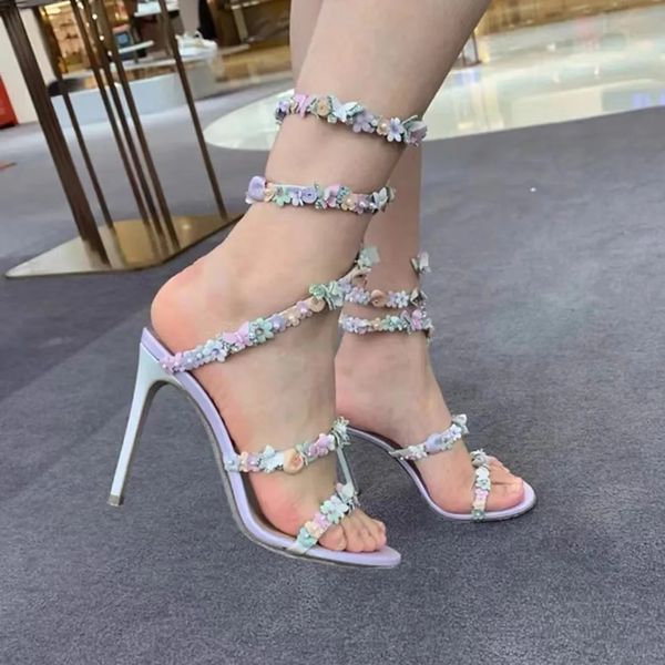 Sandales de décoration en cristal STILETTO FEMMES DES CHAPOS DE NURS DE SOINT 9,5 cm Fleurs violettes serpentines enveloppantes de luxe de luxe High Heels 35-43