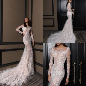 Cristal Conception Sirène Robes De Mariée Avec Des Plumes De Luxe Jewel Cou Robes De Mariée Manches Longues Balayage Train Robe De Mariée Sur Mesure