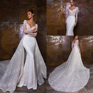 Robes de mariée sirène design en cristal avec train détachable magnifique robe de mariée de luxe en dentelle appliquée robes de mariée de pays 2023