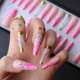 Crystal Design Pink Luxe Ombre Coffin Press On Nails Gel Abstract Smudge Art Crystal Fake Nails Custom 220725
