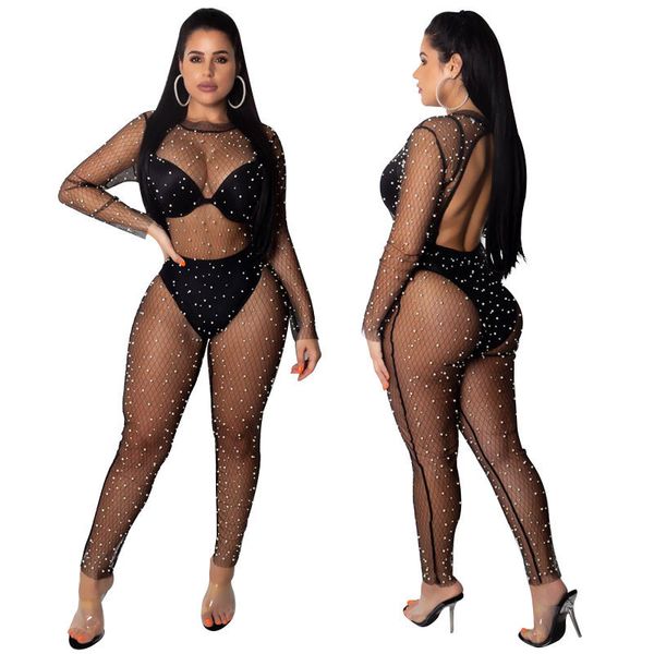 Crystal Diamond Black Mono Mujeres Hollow Out Transparente Flojo Largo Fishnet Body Sexy Pearls Patchwork Monos 210514