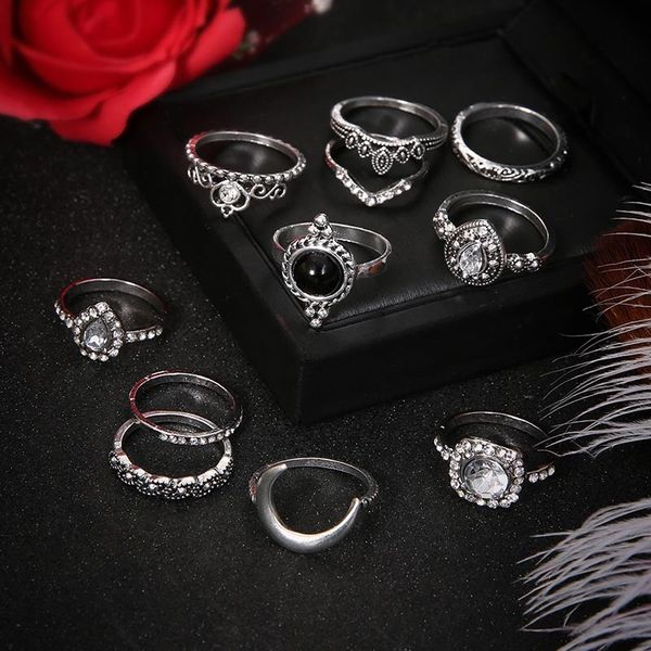 Crystal Diamond Crown Heart Drop Stacking Anillos mujeres Antique Silver Midi Ring joyería de moda Will y Sandy