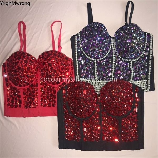 Crystal Diamond Sequin Rivet Pearl Corset Bras Push Up Crop Top Punk Bustier Luxury Goth Ballroom Costume Stage Party 220407