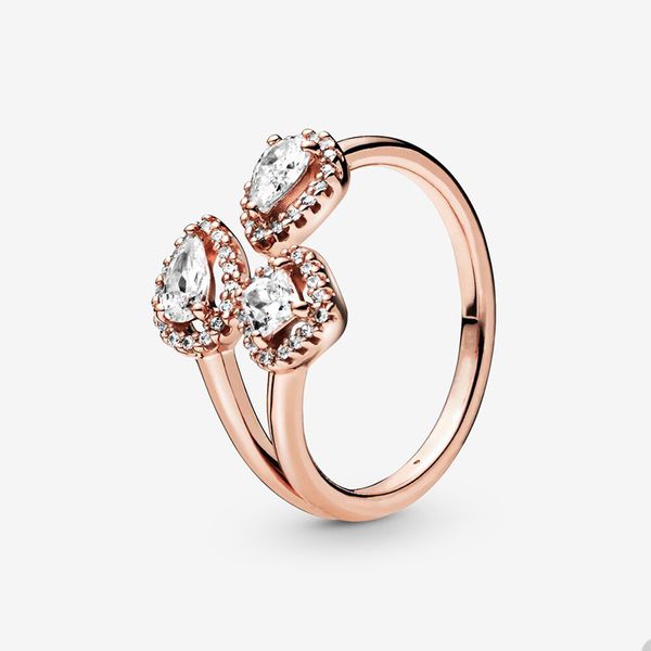 Anéis abertos de lágrima de diamante de cristal para pandora 18 k ouro rosa anel de festa de casamento cenógrafo joias para mulheres meninas anel de prata 925 real com caixa original atacado