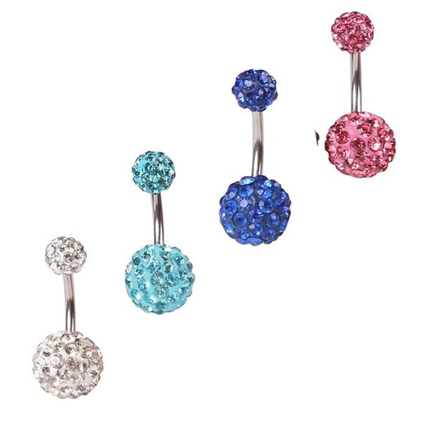 Crystal Double Disco Ball Ferido Belly Bar Navel Belly Button Ring Shamballa Belly Ring Piercing joyería 10mm 30pcs 10 colors279C