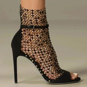 Sandales à talons aiguilles en maille ornées de cristaux Strass bride à la cheville chaussures de soirée noires femmes à talons hauts créateurs de luxe bottes cool