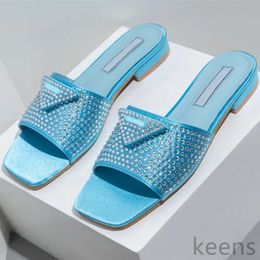 Kristal Verfraaid Satijnen Sandalen Dames Slippers Driehoek Glijbaan Slip-On Platte Muiltje Strass Diamant Sliders Lage Hakken Flats Slippers Zwart Wit Blauw26-42