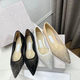 Crystal Embellissements Mesh Women Sandal Point Toe Slip-On Rhinestone Flat Slipper Party Night Dress Chaussures Femmes de luxe de luxe Faussettes d'usine avec boîte